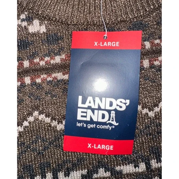 Lands' End Fair Isle Sweater Men XL Brown New Crew Neck Knit Grandpa Old Money - Picture 4 of 8